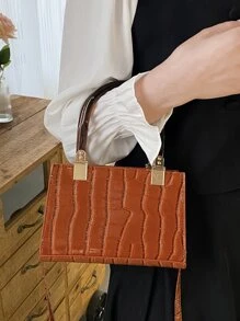 Mini Crocodile Embossed Square Bag - Brown - View 6