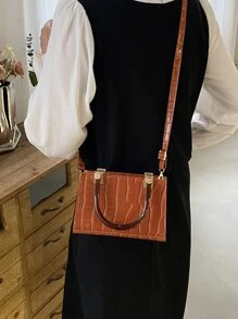 Mini Crocodile Embossed Square Bag - Brown - View 7