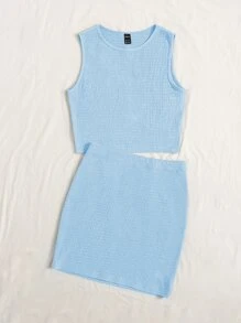 SHEIN EZwear 素色短款背心和包臀半身裙 - 淺藍色 - 查看 4