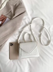 迷你鱷魚壓紋方包頂部單條提帶翻蓋可調整肩帶適用於日常 - 白色 - 查看 5