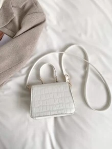 迷你鱷魚壓紋方包頂部單條提帶翻蓋可調整肩帶適用於日常 - 白色 - 查看 2