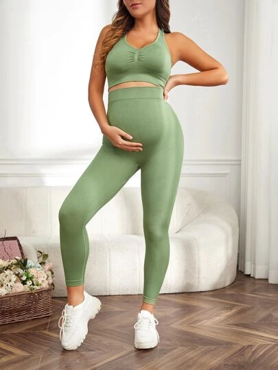 SHEIN 孕婦素色工字短款背心和緊身打底褲