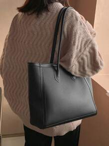 Minimalist Shoulder Tote Bag - Black - View 1