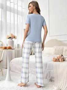 Eyelash Lace Trim Tee & Plaid Print Pants PJ Set - Baby Blue - View 2
