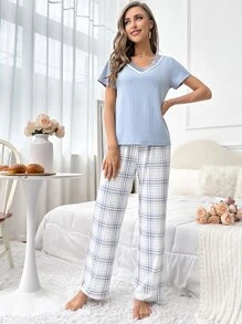 Eyelash Lace Trim Tee & Plaid Print Pants PJ Set - Baby Blue - View 3