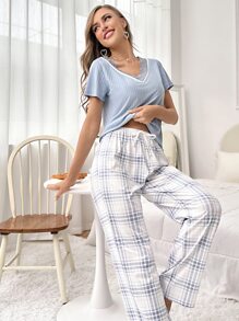 Eyelash Lace Trim Tee & Plaid Print Pants PJ Set - Baby Blue - View 6