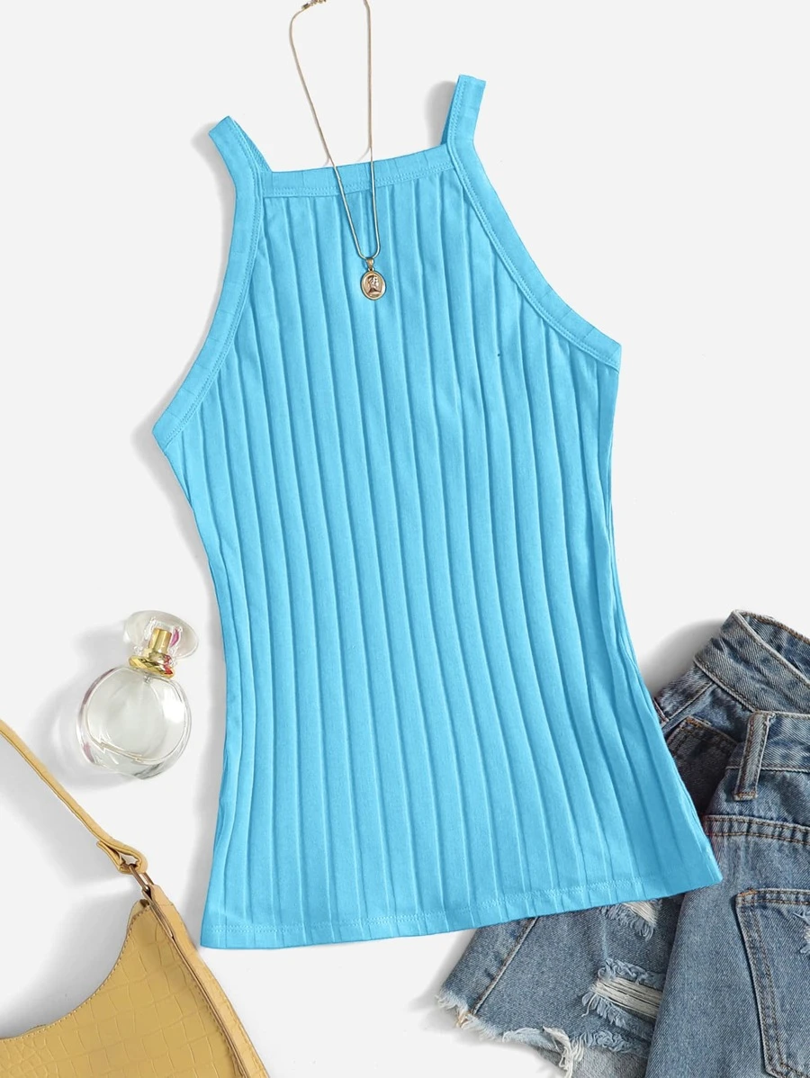SHEIN EZwear Solid Ribbed Knit Halter Top - Mint Blue - View 1