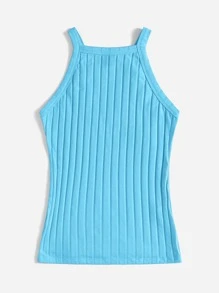 SHEIN EZwear Solid Ribbed Knit Halter Top - Mint Blue - View 2
