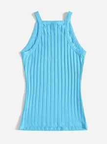 SHEIN EZwear Solid Ribbed Knit Halter Top - Mint Blue - View 4