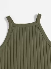 SHEIN EZwear Solid Ribbed Knit Halter Top - Army Green - View 5