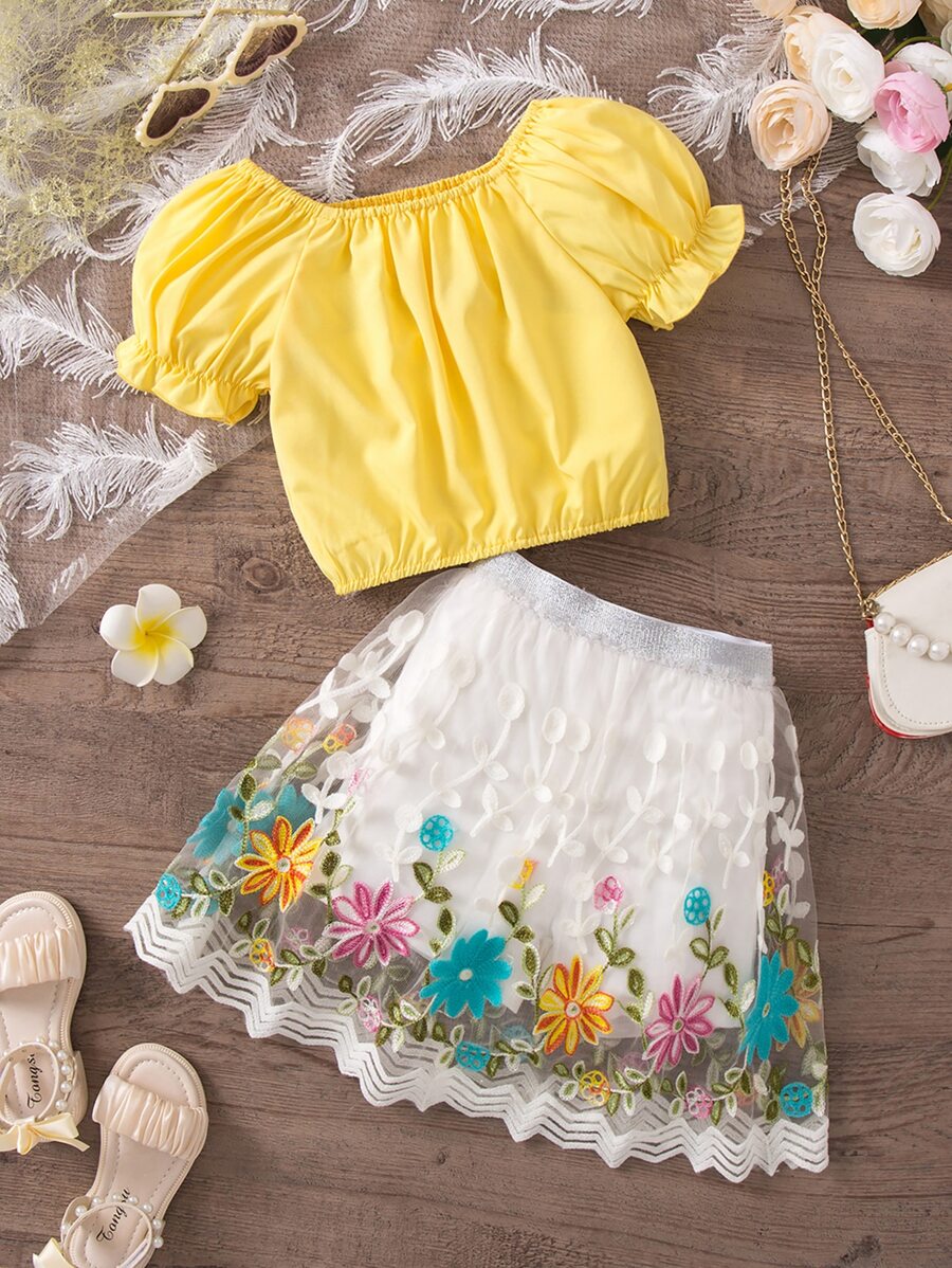 年輕女孩花卉印花優雅甜美可愛露肩公主袖夏季兩件套裝 - 彩色 - 查看 1