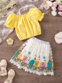 年輕女孩花卉印花優雅甜美可愛露肩公主袖夏季兩件套裝 - 彩色 - 查看 2