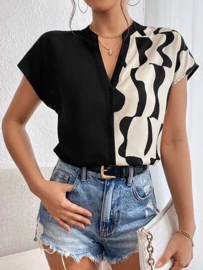 SHEIN Privé Summer Work Women Shirts Graphic Print Batwing Sleeve Popover Blouse,Short Sleeve Tops