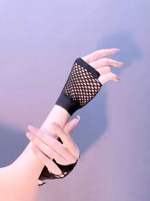 1pc Solid Fishnet Fingerless Gloves Summer - Black - View 3