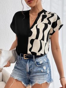 SHEIN Privé Camicie da lavoro estive da donna, con stampa grafica, maniche a pipistrello, blusa con frontalino, magliette a maniche corte