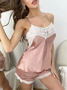 Contrast Lace Satin Cami Top & Shorts PJ Set - Baby Pink - View 1