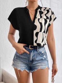 SHEIN Privé Camicie da lavoro estive da donna, con stampa grafica, maniche a pipistrello, blusa con frontalino, magliette a maniche corte