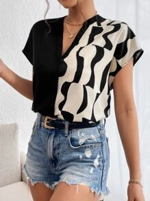 SHEIN Privé Camicie da lavoro estive da donna, con stampa grafica, maniche a pipistrello, blusa con frontalino, magliette a maniche corte