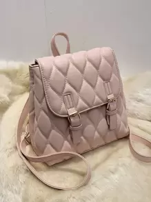CONTAINEVERY Minimalist Quilted Buckle Decor Flap Backpack - Pink - View 1