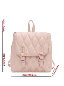 CONTAINEVERY Minimalist Quilted Buckle Decor Flap Backpack - Pink - View 3