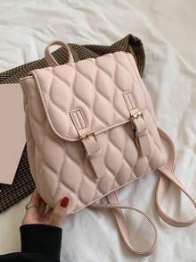 CONTAINEVERY Minimalist Quilted Buckle Decor Flap Backpack - Pink - View 4