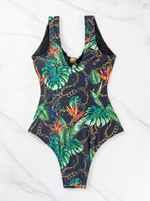 Bañador una pieza con estampado tropical con nudo delantero - Verde - Ver 4