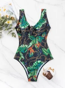 Bañador una pieza con estampado tropical con nudo delantero - Verde - Ver 5