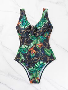 Bañador una pieza con estampado tropical con nudo delantero - Verde - Ver 6