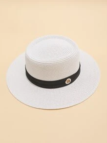 人造珍珠裝飾草編帽 - 白色 - 查看 2