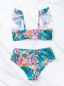 Conjunto de bikinis de verano para playa con estampado floral y ribetes de volantes - Multicolor - Ver 3