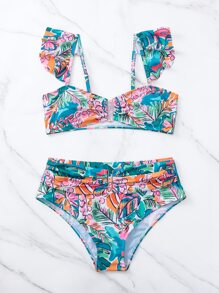 Conjunto de bikinis de verano para playa con estampado floral y ribetes de volantes - Multicolor - Ver 6