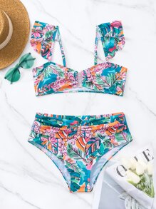 Conjunto de bikinis de verano para playa con estampado floral y ribetes de volantes - Multicolor - Ver 7