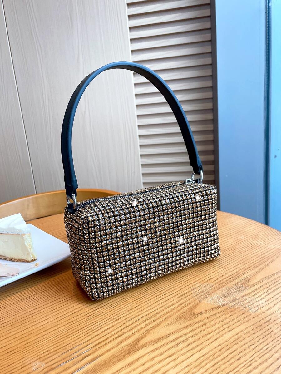 Mini Rhinestone Decor Square Bag - Champagne - View 1