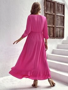 SHEIN LUNE Vestido línea A unicolor bajo con fruncido - Rosa Fucsia - Ver 2