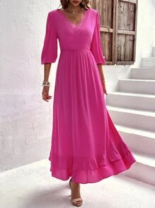 SHEIN LUNE Vestido línea A unicolor bajo con fruncido - Rosa Fucsia - Ver 5