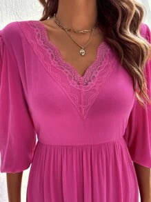SHEIN LUNE Vestido línea A unicolor bajo con fruncido - Rosa Fucsia - Ver 6