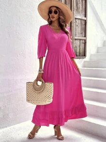 SHEIN LUNE Vestido línea A unicolor bajo con fruncido - Rosa Fucsia - Ver 3