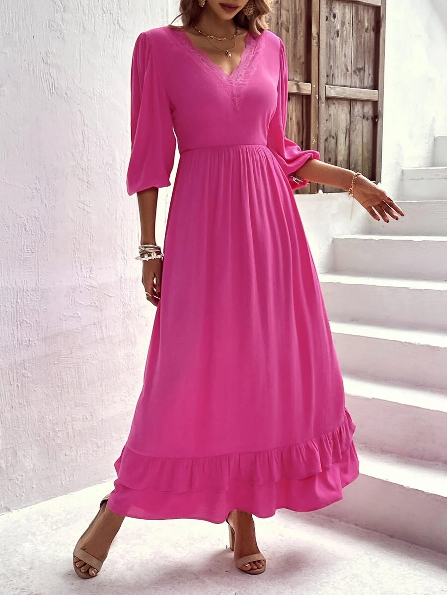 SHEIN LUNE Vestido línea A unicolor bajo con fruncido - Rosa Fucsia - Ver 1