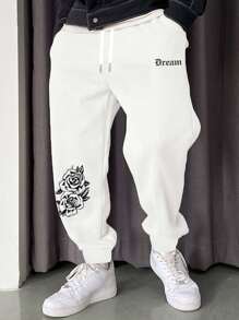 Manfinity LEGND 男士宽松字母图案运动裤，抽绳腰带运动裤，纯色外出休闲男友礼物 - 白色 - 查看 1