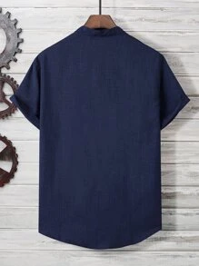 Manfinity Homme Loose Fit Men's Notched Neckline Shirt With Patched Pocket - Navy Blue - View 2