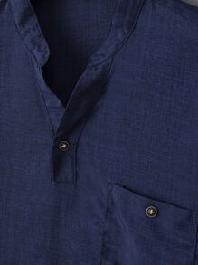 Manfinity Homme Loose Fit Men's Notched Neckline Shirt With Patched Pocket - Navy Blue - View 4