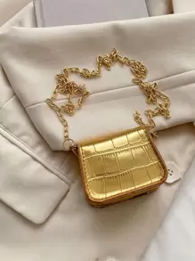 纯色简约设计多功能小/中号翻盖斜挎包，新款时尚女士单肩包 - 金色 - 查看 7