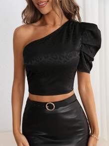 SHEIN Privé 豹紋提花單肩泡泡袖短款襯衫 - 黑色 - 查看 5