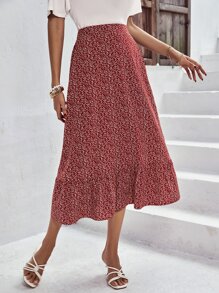 SHEIN VCAY Váy nữ Viên lá sen Họa tiết hoa Boho - Đỏ và trắng - Xem 3