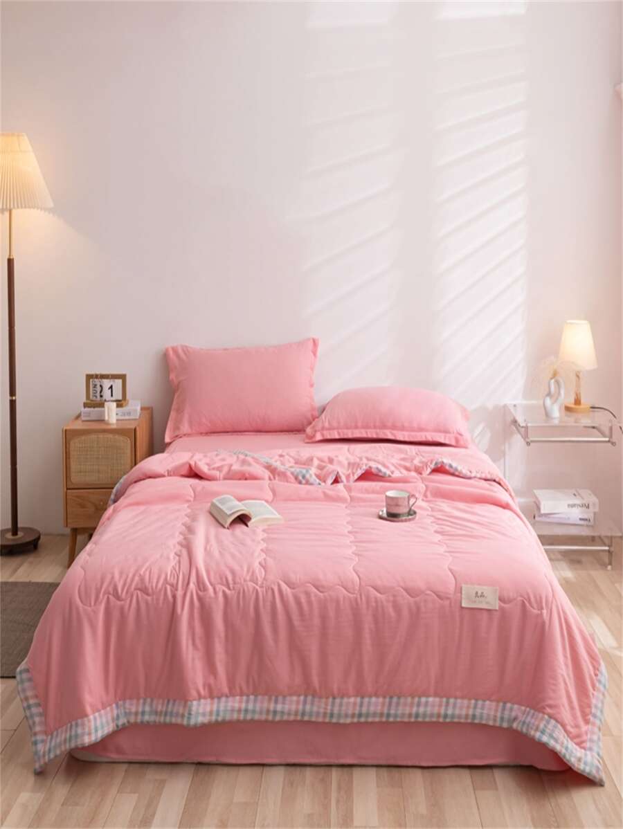 1 Hồng Chăn, Vải Tương Phản Kẻ Sọc Ràng Buộc Nhãn Trang Trí Trải Giường Cho Gia Đình - Hồng - Xem 1