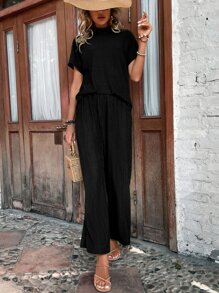 SHEIN VCAY Mock Neck Batwing Sleeve Tee & Trousers - Black - View 5