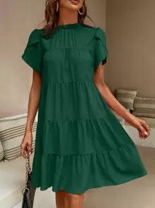 SHEIN LUNE 花瓣袖荷葉邊娃娃裙 - 墨綠色 - 查看 1