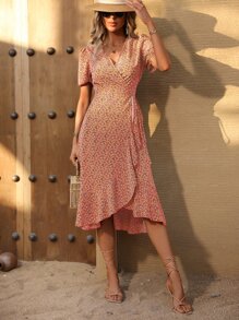 SHEIN VCAY Ditsy Floral Print Knot Side Ruffle Hem Wrap Dress - Red - View 5