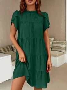 SHEIN LUNE 花瓣袖荷葉邊娃娃裙 - 墨綠色 - 查看 3