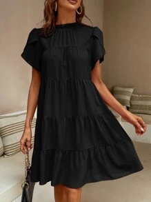 SHEIN LUNE Vestido smock manga tulipán bajo con fruncido - Negro - Ver 1